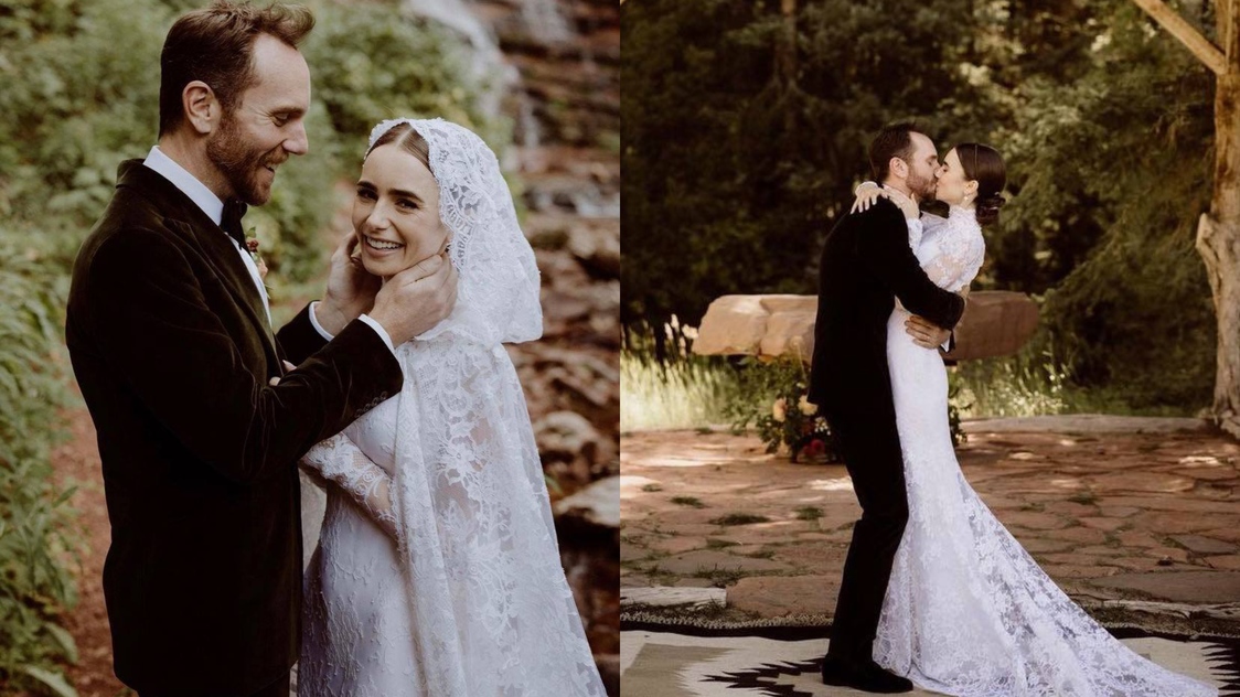 Váy cưới siêu đẹp của Lily Collins trong hôn lễ với Charlie McDowell